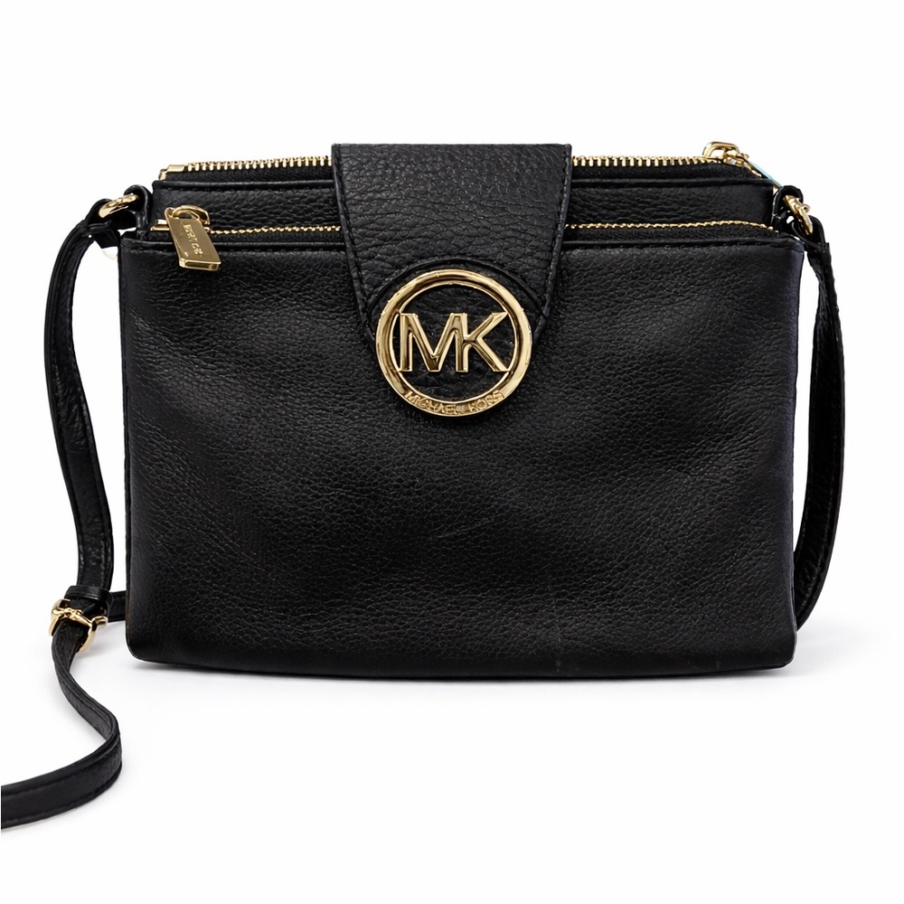 MICHAEL Michael Kors Black Pebbled Leather Logo Crossbody | Gold Hardware